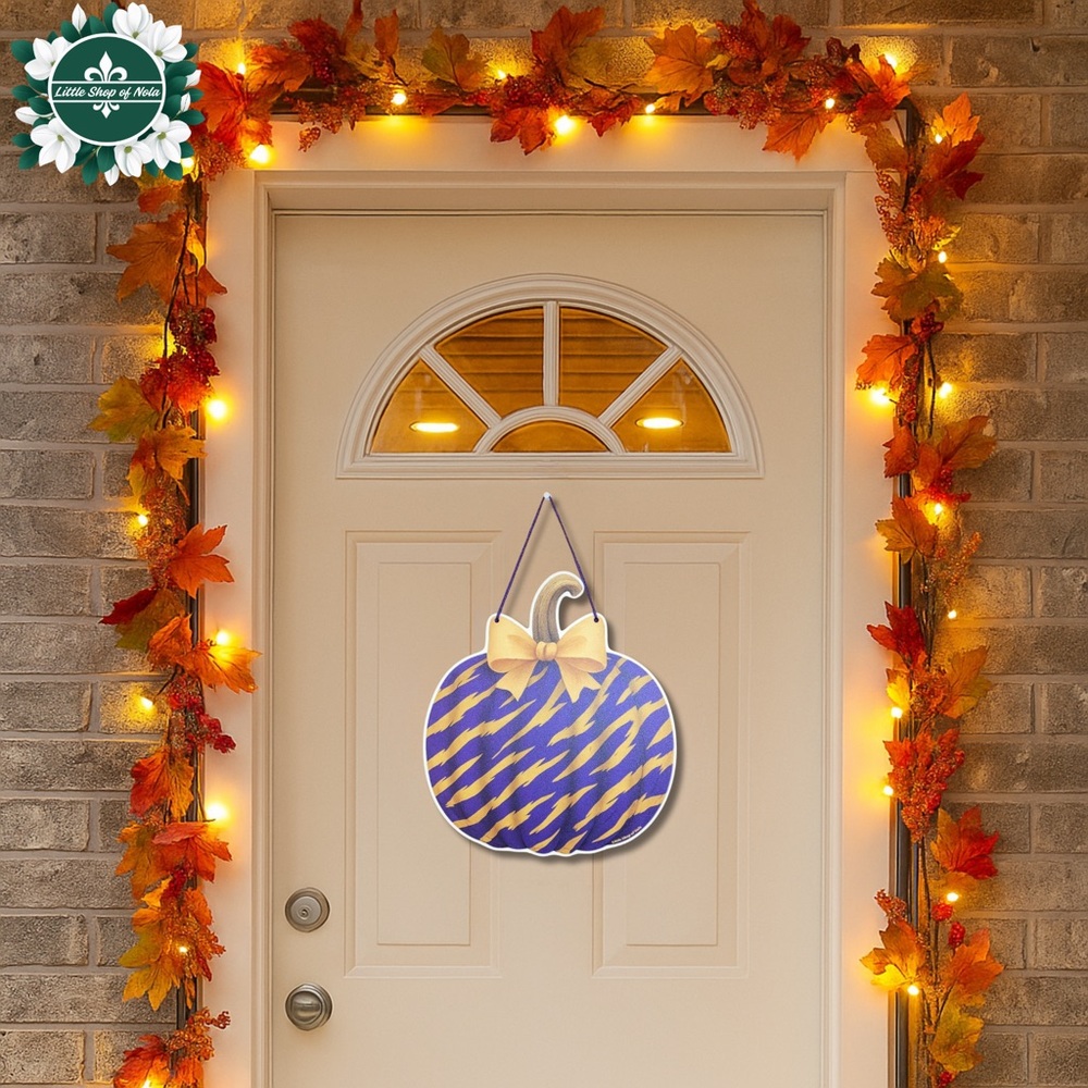 Purple Gold Tiger Stripes Bow Pumpkin Louisiana Wall Decor LSU Fall Door Hanger